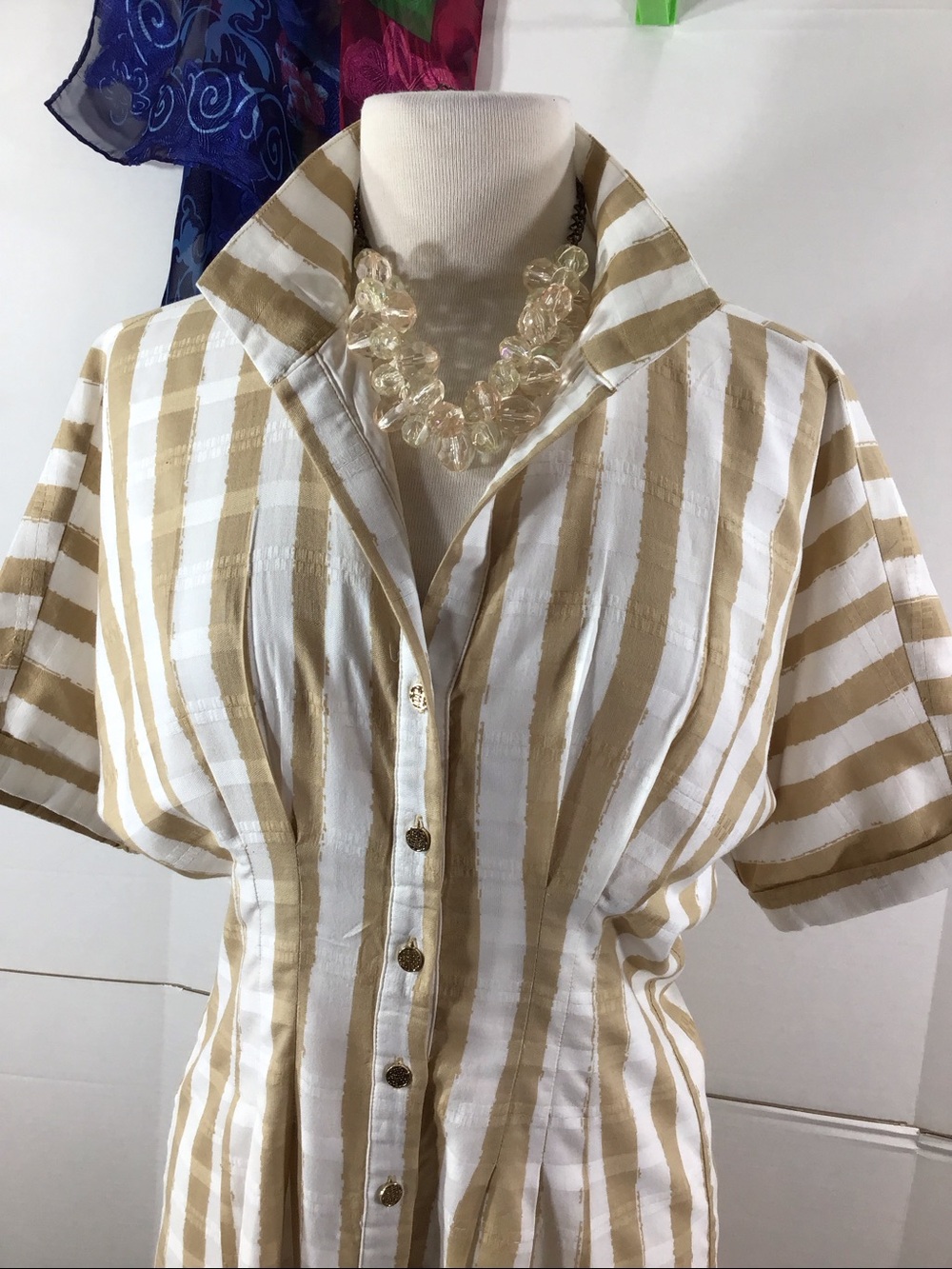 Emily McCarthy Georgia Striped Button-Front Shirt Dress in sand stripe S - Picture 2 of 12